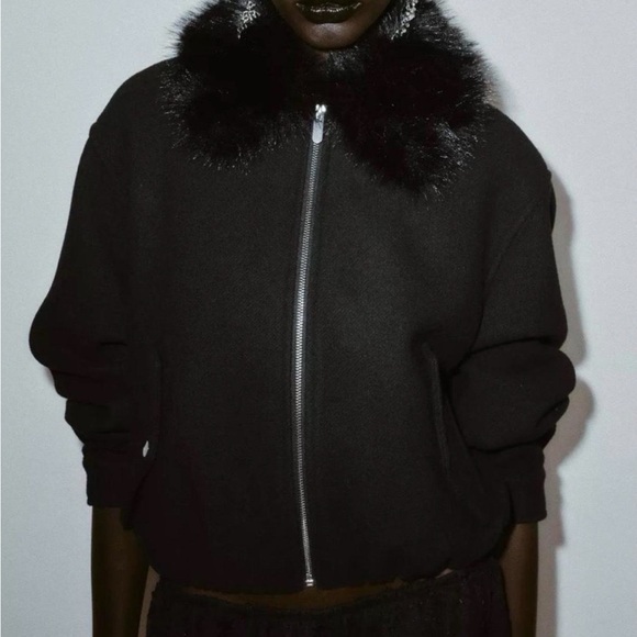 Zara Jackets & Blazers - Zara Black Bomber Jacket with Faux-Fur Collar
